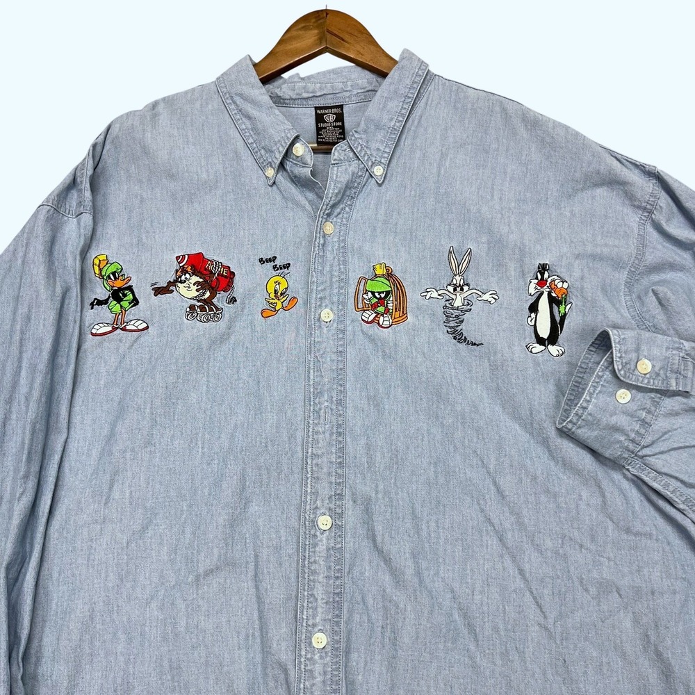 Vintage 90s Warner Bros Looney Tunes Denim Button Shirt Mens XXL Light Wash